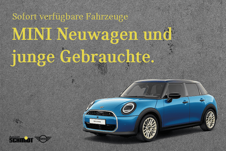 Blauer MINI Cooper S 5-Türer seitlich mit schwarzen und gelben Akzenten, vor grauem Hintergrund. Darüber gelber Schriftzug: „Sofort verfügbare Fahrzeuge – MINI Neuwagen und junge Gebrauchte“. Unten die Logos von Autowelt Schmidt und MINI.