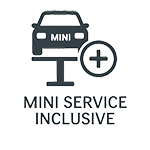 Icon für MINI Service Inclusive: Auto auf Hebebühne mit Plus-Zeichen und Schriftzug "MINI Service Inclusive"