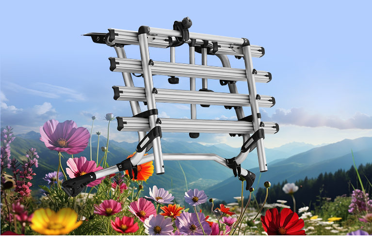 Fahrradträger von Volkswagen Zubehör für VW Campingbus vor alpiner Berglandschaft mit bunten Frühlingsblumen – ideal für den Transport von Fahrrädern an einem Camperbus