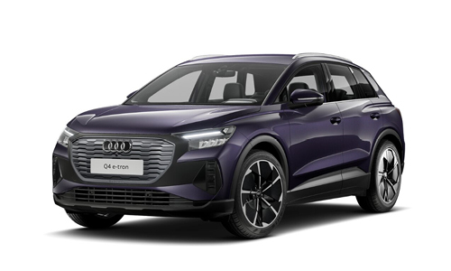 Audi Q4 e-tron in einem lila-blau mit schwarz/silbernen Felgen in Front- und Seitenansicht, vor weißem Hintergrund