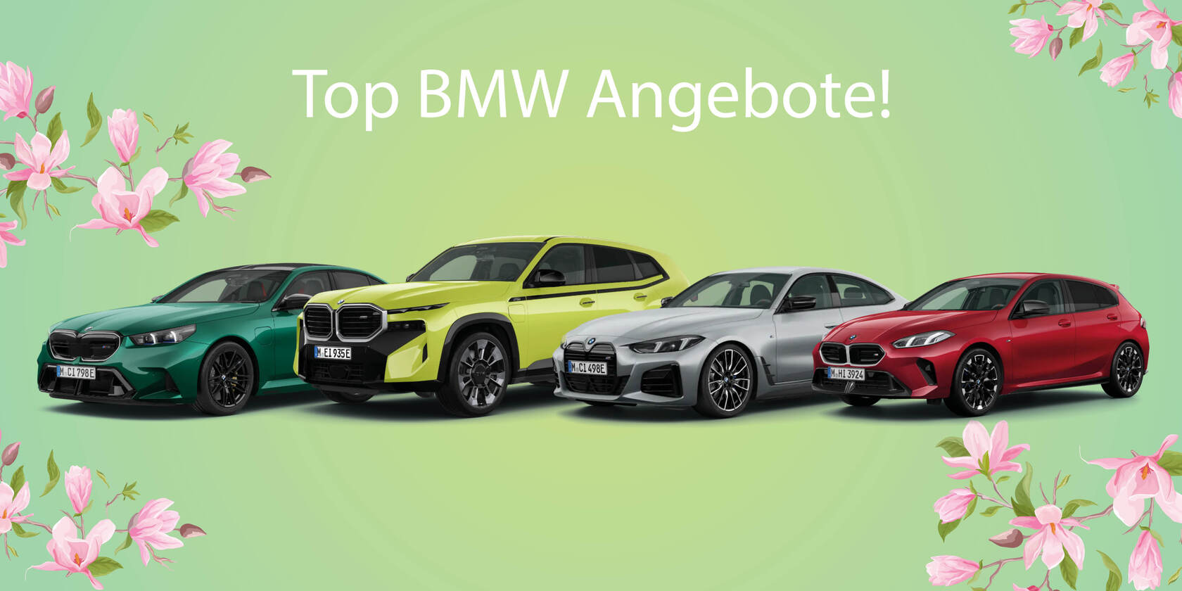 Drei BMW Modelle vor frühlingshaftem Hintergrund mit Blüten und dem Schriftzug ‚Der Frühling bringt einen neuen BMW!