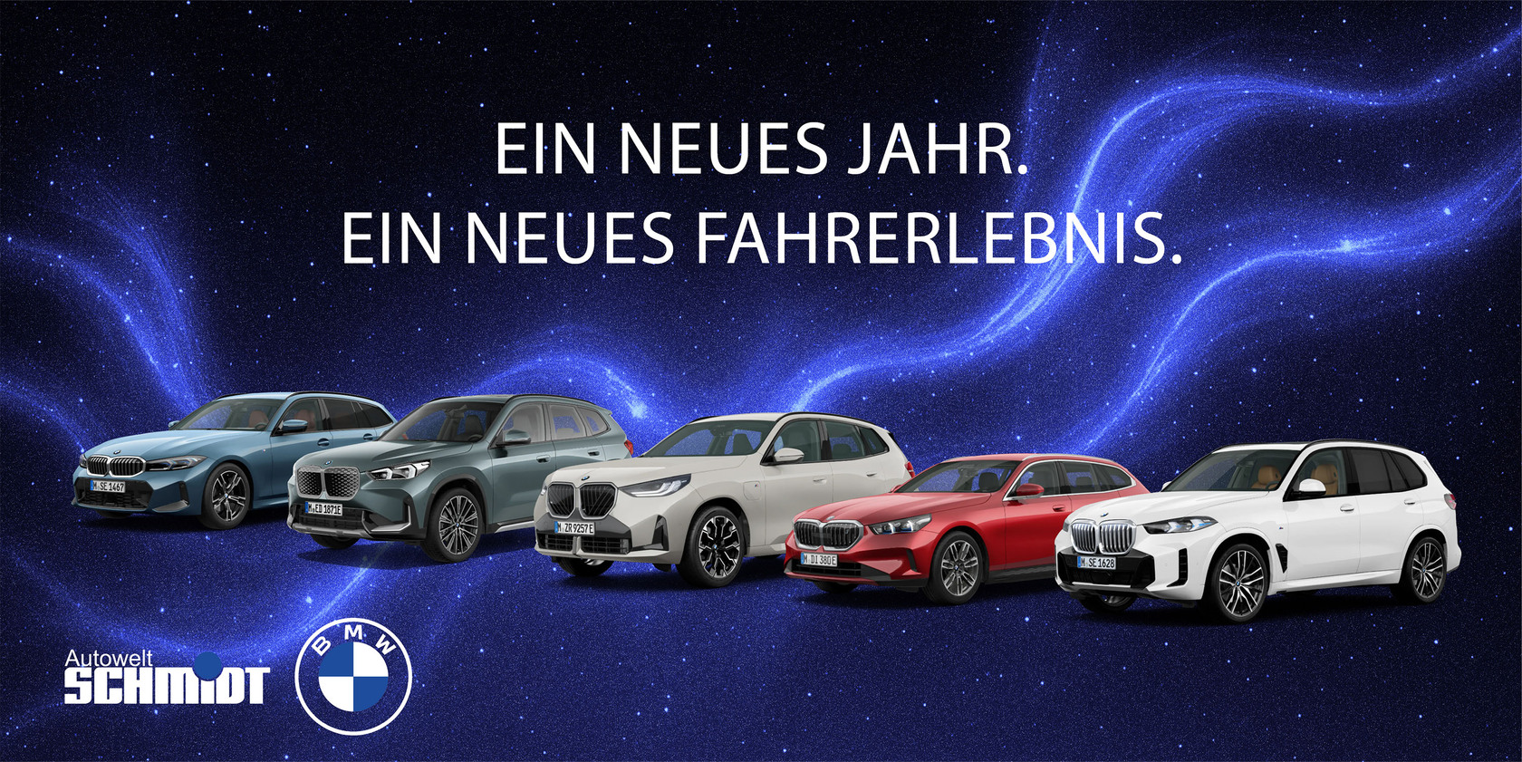BMW Modellvielfalt mit mehreren Fahrzeugen vor blauem, futuristischem Hintergrund, mit dem Slogan ‚Ein neues Jahr. Ein neues Fahrerlebnis.‘ sowie den Logos von BMW und Autowelt Schmidt.