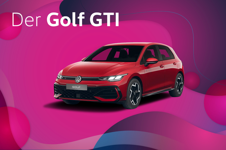 Roter VW Golf GTI in Frontansicht vor pinkem Hintergrund, Text: ‚Der Golf GTI‘