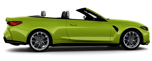 Seitenansicht eines BMW M4 Cabrio in gelbgrüner Lackierung mit transparentem Hintergrund