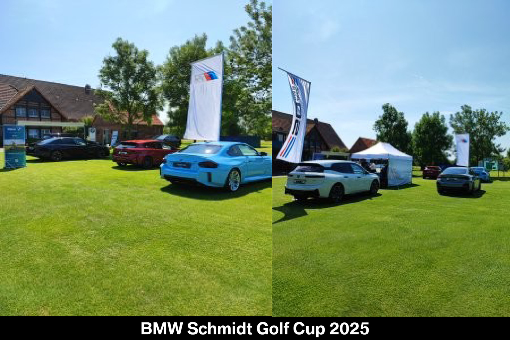Collage aus zwei Bildern mit mehreren BMW Modellen, geparkt auf einer grünen Rasenfläche; unter den Bildern der Text: BMW Schmidt Golf Cup 2025