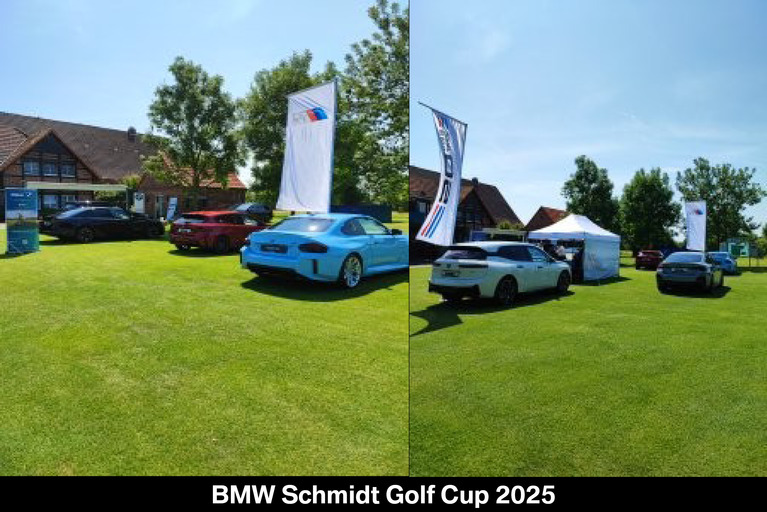 Collage aus zwei Bildern mit mehreren BMW Modellen, geparkt auf einer grünen Rasenfläche; unter den Bildern der Text: BMW Schmidt Golf Cup 2025