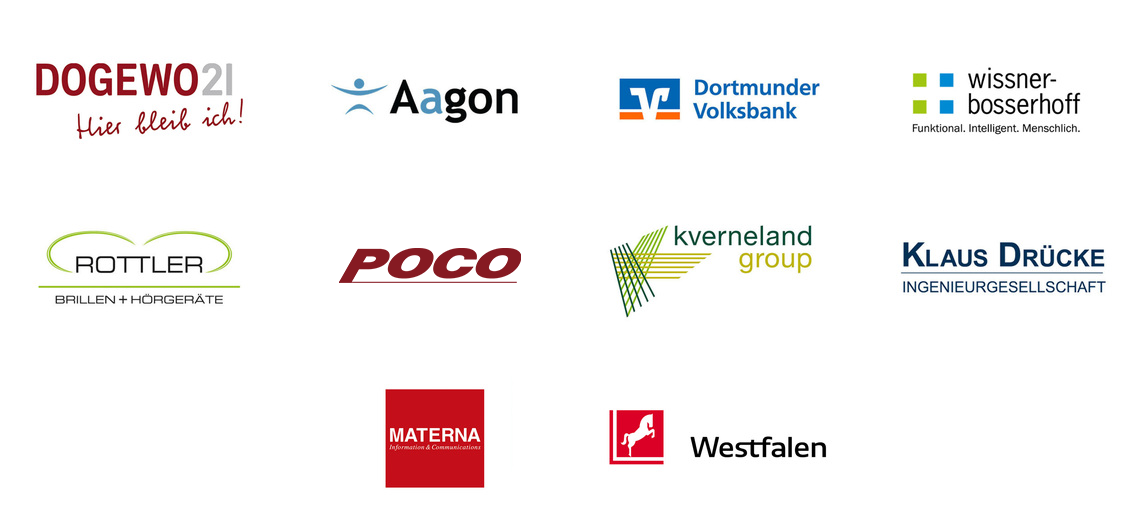 Logos der Großkunden der Autowelt Schmidt: darunter DOGEWO21, Aagon, Dortmunder Volksbank, wissner-bosserhoff, Rottler Brillen + Hörgeräte, POCO, Kverneland Group, Klaus Drücke Ingenieurgesellschaft, Materna und Westfalen.