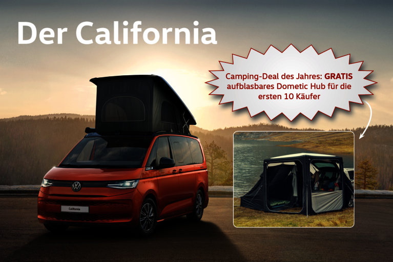 Oranger VW California mit ausgefahrenem Aufstelldach auf einem Rastplatz am See, daneben Zeltanbau Dometic Hub; darüber Text: „Camping-Deal des Jahres: GRATIS aufblasbares Dometic Hub für die ersten 10 Käufer