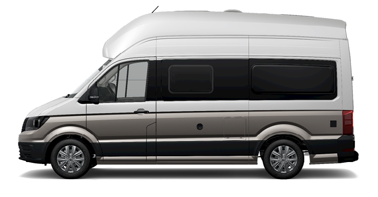 Weiß-brauner VW Grand California in Seitenansicht, weißer Hintergrund