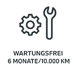 Icon für "Wartungsfrei 6 Monate/10.000 km": Zahnrad und Schraubenschlüssel