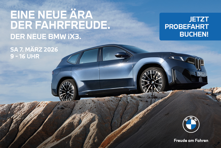 Neuer BMW iX3 auf felsigem Untergrund mit dem Hinweis ‚Eine neue Ära der Fahrfreude‘ und Einladung zur Probefahrt am 7. März 2026.