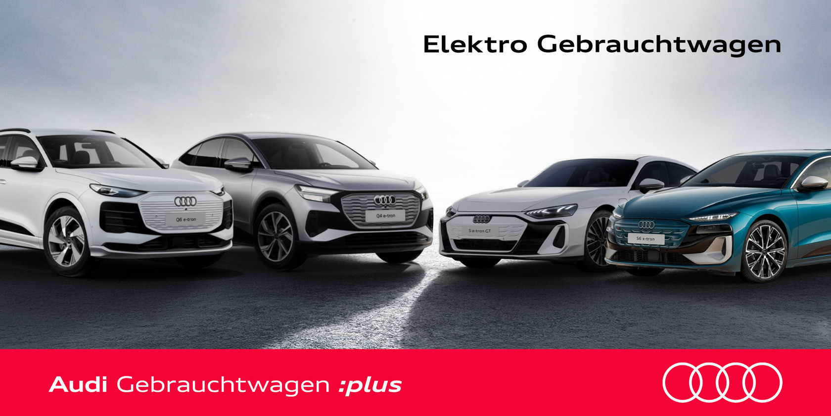 Audi Elektro Gebrauchtwagen – mehrere elektrische Audi Modelle vor hellem Hintergrund mit dem Schriftzug ‚Elektro Gebrauchtwagen‘ und Audi Gebrauchtwagen :plus Branding.