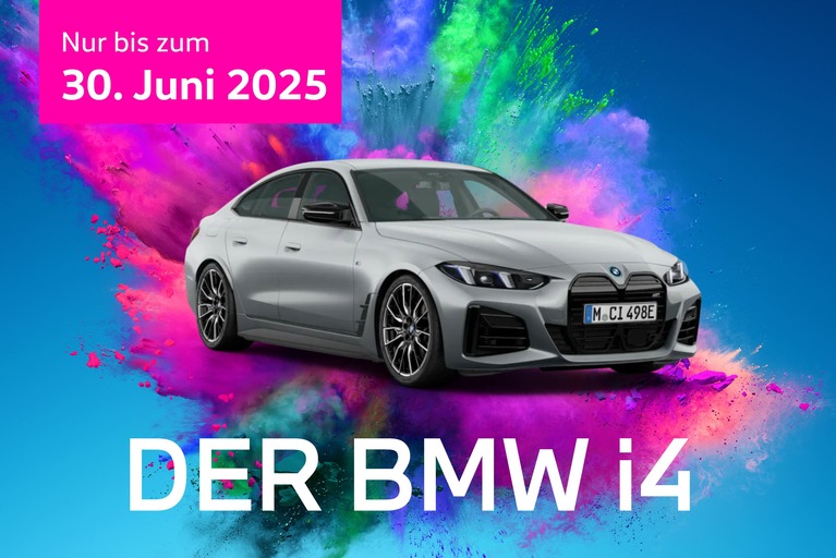 Silberner BMW i4 vor explosivem, buntem Farbhintergrund auf blauem Verlauf. Oben links ein pinkes Banner mit dem Text ‘Nur bis zum 30. Juni 2025’. Unten in Weiß: ‘DER BMW i4’.