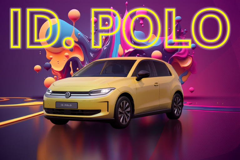 Gelber Volkswagen ID. Polo vor farbenfrohem, abstraktem Hintergrund mit großem Schriftzug ‚ID. POLO