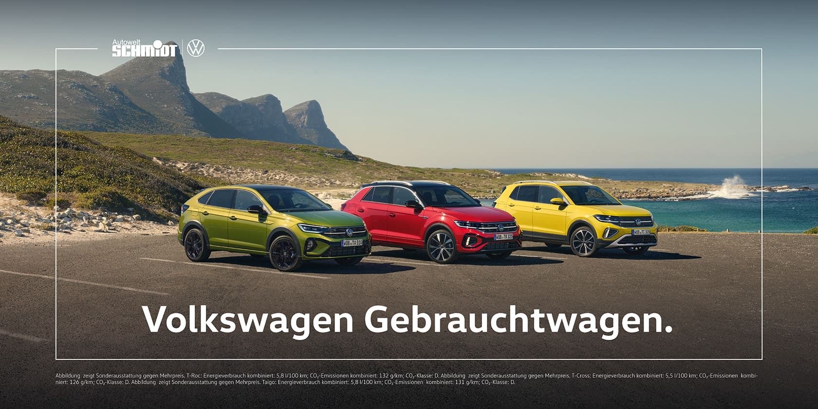 Headerbild zur Aktion VW Gebrauchtwagen. Drei Volkswagen Modelle vor einer bergigen Kulisse