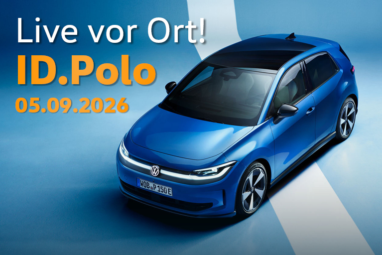 Werbegrafik für das ID. Polo Event: Ein blauer vollelektrischer Volkswagen ID. Polo ist vor blauem Hintergrund abgebildet. Links stehen die Hinweise ‚Live vor Ort!‘, ‚ID. Polo‘ und das Veranstaltungsdatum ‚05.09.2026‘