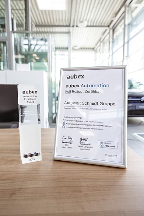 aubex Automation Excellence Award Zertifikat Autowelt Schmidt