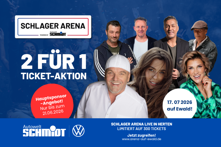 Werbegrafik zur Schlager Arena mit mehreren Künstlerinnen und Künstlern sowie dem Hinweis auf eine 2-für-1 Ticket-Aktion für die Veranstaltung am 17.07.2026 in Herten, präsentiert von Autowelt Schmidt und Volkswagen.