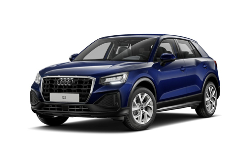 Dunkelblauer Audi Q2 in Front- und Seitenansicht, vor weißem Hintergrund