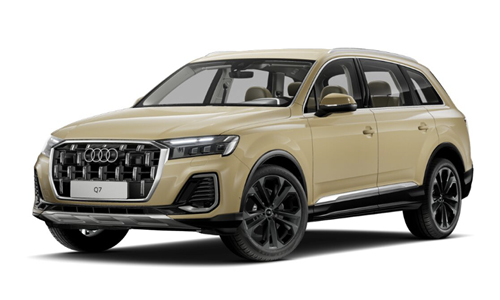 Beiger Audi Q7 in Front- und Seitenansicht vor weißem Hintergrund