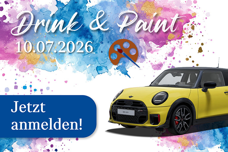 Gelber MINI John Cooper Works vor farbenfrohem Aquarell-Hintergrund mit dem Hinweis ‚Drink & Paint‘ am 10.07.2026 und dem Aufruf ‚Jetzt anmelden!