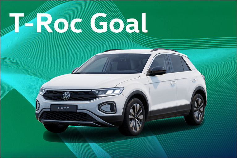 Volkswagen T-Roc Goal in Weiß vor grünem Hintergrund