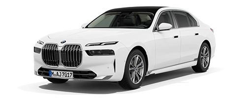 BMW i7 Limousine in Weiß – luxuriöse Elektro-Limousine mit markanter Front und großem Nierengrill, seitlich frontal dargestellt vor weißem Hintergrund.