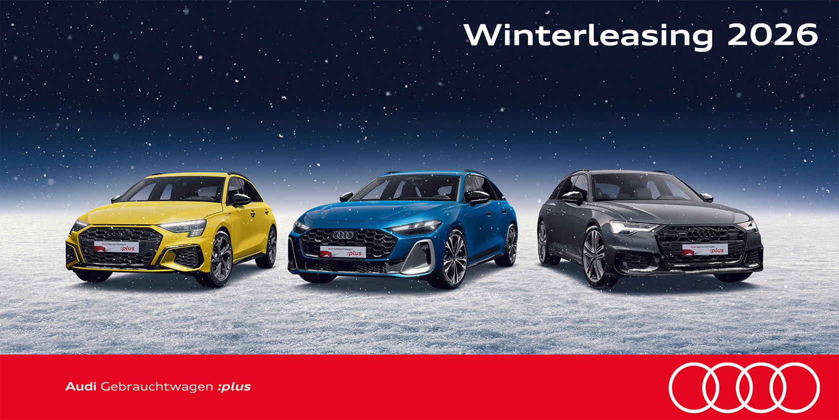 Drei Audi Gebrauchtwagen auf verschneiter Fläche vor winterlichem Nachthimmel mit dem Schriftzug ‚Winterleasing 2026‘ und Audi Gebrauchtwagen :plus Branding