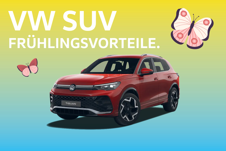 VW Tiguan in rot vor farbigen Hintergrund und mit Schmetterlingen.