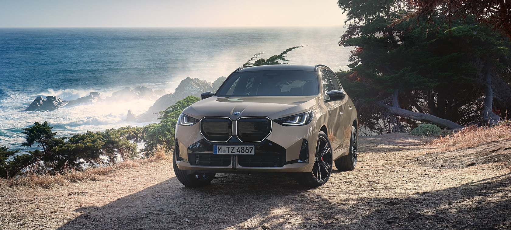 Beiger BMW X3 in Frontalansicht vor felsigem Meer mit starkem Wellengang