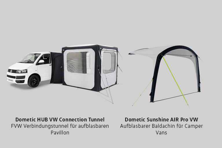 Zwei Dometic Zubehörprodukte für VW-Camper: links der Dometic HUB VW Connection Tunnel als Verbindungstunnel zwischen Fahrzeug und aufblasbarem Pavillon, rechts der Dometic Sunshine AIR Pro VW, ein aufblasbarer Baldachin für Camper Vans, auf grauem Hintergrund dargestellt
