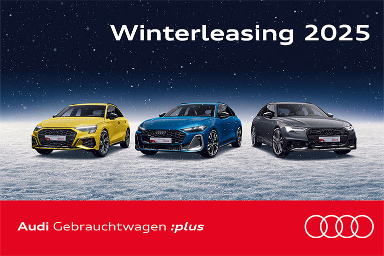 Drei Audi Gebrauchtwagen auf Schnee vor dunklem Winterhimmel mit dem Schriftzug ‚Winterleasing 2025‘ und Audi Gebrauchtwagen :plus Logo