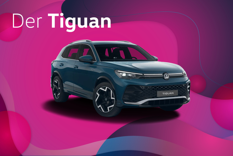 Grauer VW Tiguan in Frontansicht vor pinkem Hintergrund, Text: ‚Der Tiguan‘.