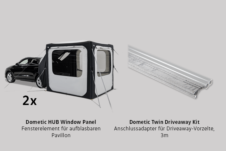 Zwei Fenster-Elemente für aufblasbares Dometic HUB Pavillon neben einem Auto sowie ein 3 Meter langes Verbindungskit (Dometic Twin Driveaway Kit) für Vorzelte, dargestellt auf grauem Hintergrund mit erklärendem Text