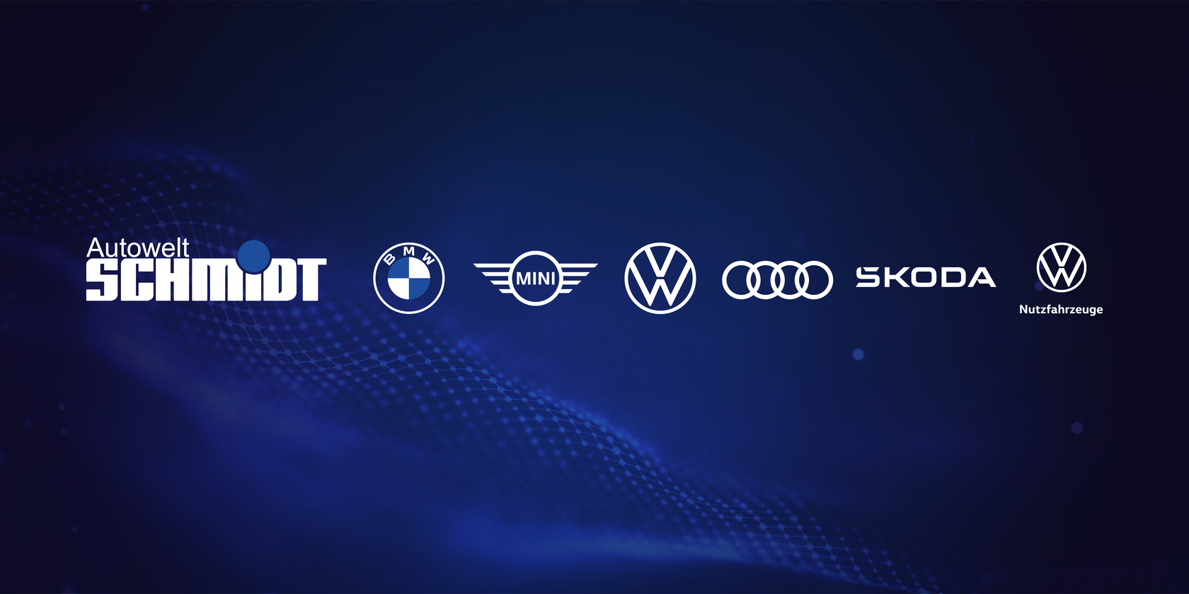 Dunkelblauer Hintergrund mit weißem Logo der Autowelt Schmidt links mittig, daneben die Markenlogos von BMW, MINI, Volkswagen, Audi, Škoda und Volkswagen Nutzfahrzeuge.