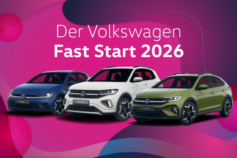 Grafik zum Volkswagen Fast Start 2026 mit Polo, T-Cross und Taigo vor pink-violettem Hintergrund.