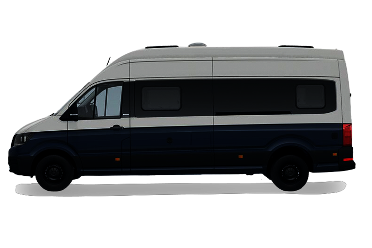 Seitenansicht eines Volkswagen Grand California 680 in Zweifarblackierung Weiß-Blau auf transparentem Hintergrund.