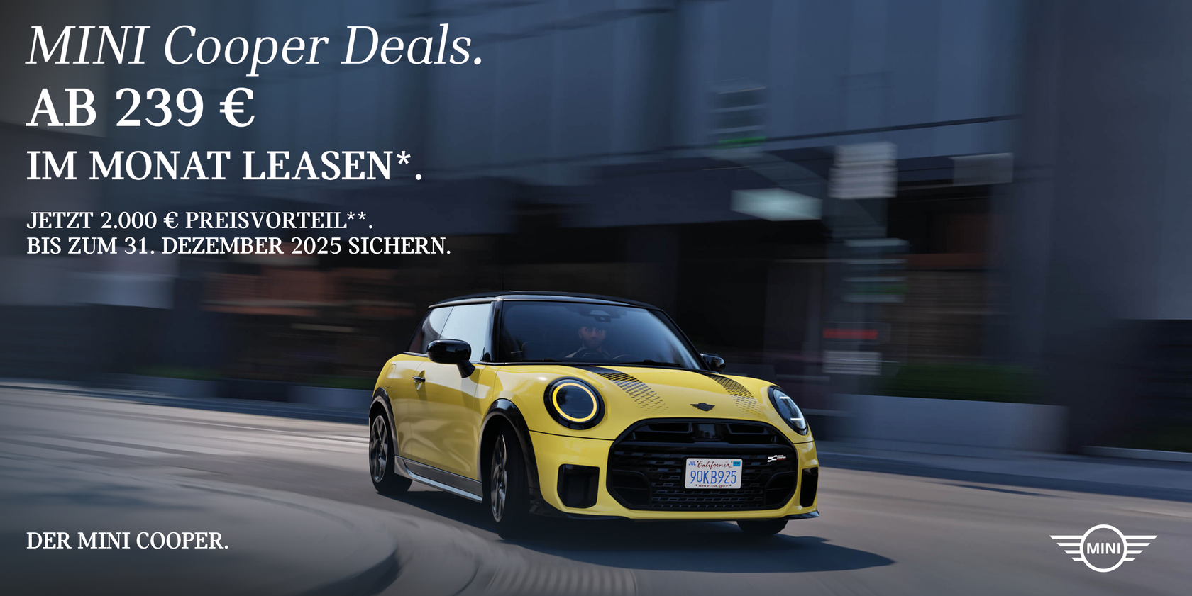 Gelber MINI Cooper 3-Türer fahrend in einer kurve auf einer Straße. Text auf dem Bild: MINI Cooper Deals ab 239€ im Monat leasen.