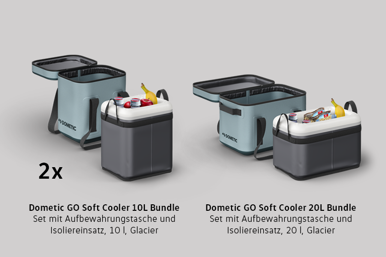 Zwei Dometic Kühltaschen-Sets: Links eine kleinere Kühltasche mit 10 Liter Fassungsvermögen, rechts ein größeres Set mit 20 Litern; grauer Hintergrund, mit erklärendem Text