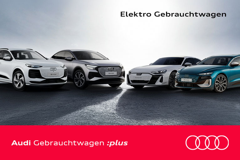 Audi Elektro Gebrauchtwagen – mehrere elektrische Audi Modelle vor hellem Hintergrund mit dem Schriftzug ‚Elektro Gebrauchtwagen‘ und Audi Gebrauchtwagen :plus Branding.