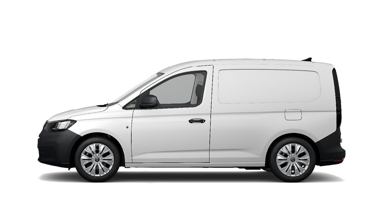 Seitenansicht eines weißen VW Caddy mit schwarzer Stoßstange vorne und hinten, vor weißem Hintergrund