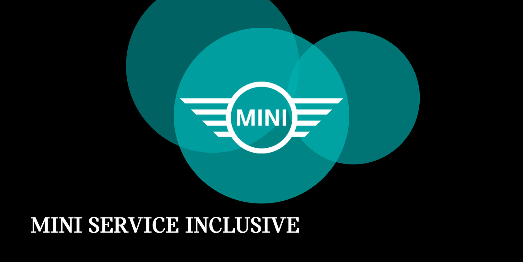 MINI Logo mit Schriftzug "MINI SERVICE INCLUSIVE" auf schwarzem Hintergrund mit türkisfarbenen Kreisen