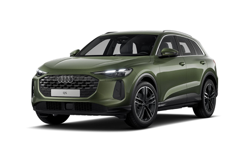 Grüner Audi Q5 SUV in Front- und Seitenansicht vor weißem Hintergrund, modernes Design mit markantem Kühlergrill und LED-Scheinwerfern.