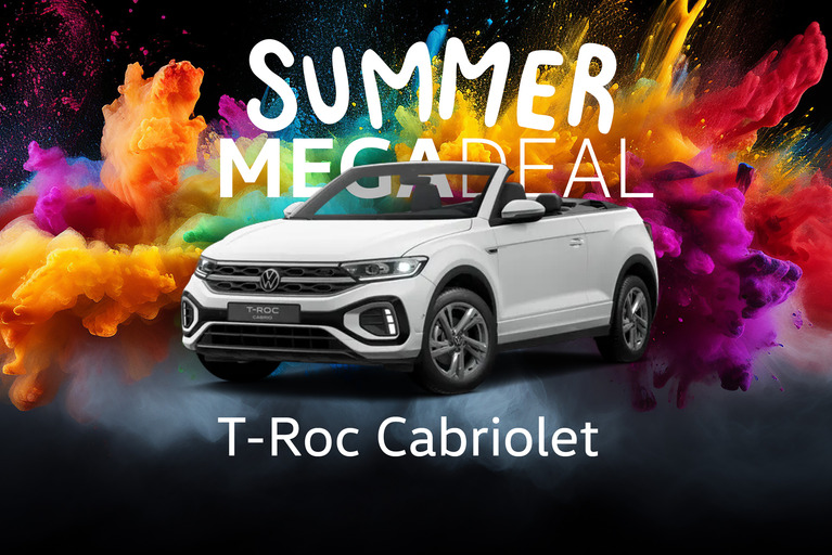 Volkswagen T-Roc Cabriolet in Weiß vor farbenfrohem Hintergrund