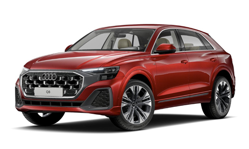 Roter Audi Q8 in Front- und Seitenansicht, vor weißem Hintergrund
