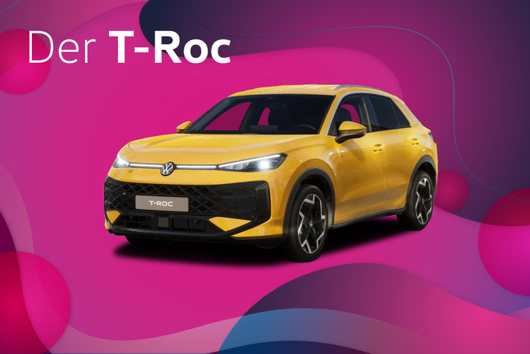Gelber VW T-Roc in Frontansicht vor pinkem Hintergrund, Text: ‚Der T-Roc‘.