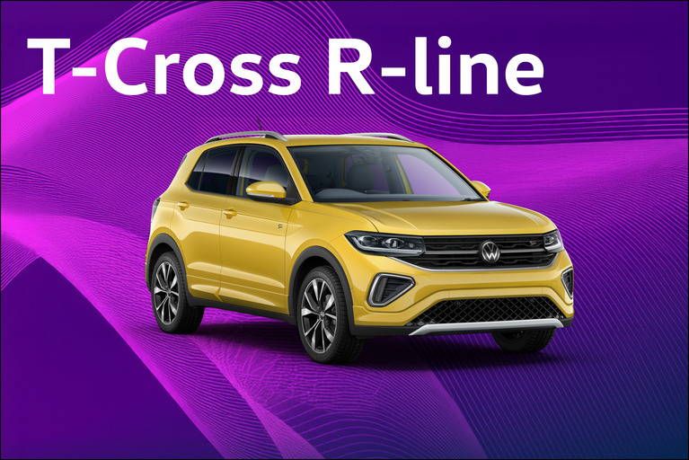 Volkswagen T-Cross R-Line in Gelb vor lila Hintergrund