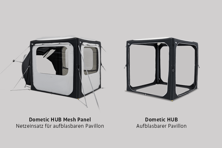 Zwei Dometic Zubehörprodukte: Links der aufblasbare Pavillon mit eingesetztem weißen Netzelement. Rechts ein Pavillonrahmen ohne Einsätze zu sehen; grauer Hintergrund, mit erklärendem Text