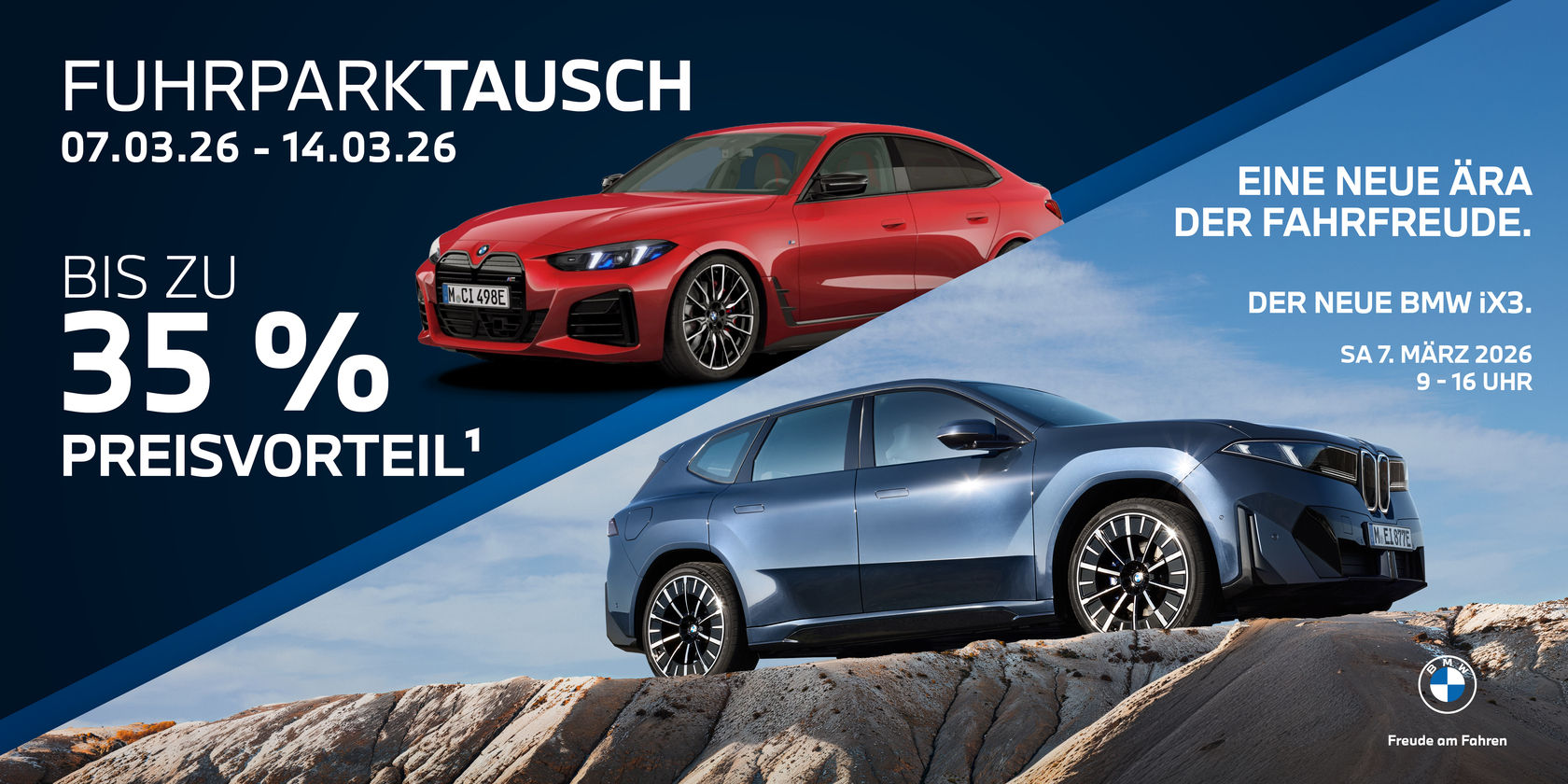 BMW Fuhrparktausch vom 07.03.26 bis 14.03.26 mit bis zu 35 Prozent Preisvorteil – rotes BMW Modell und neuer BMW iX3 vor Bergkulisse mit Hinweis auf Event am 7. März 2026.