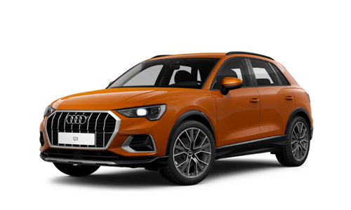 Orangener Audi Q3 SUV in Seiten- und Frontansicht vor weißem Hintergrund.